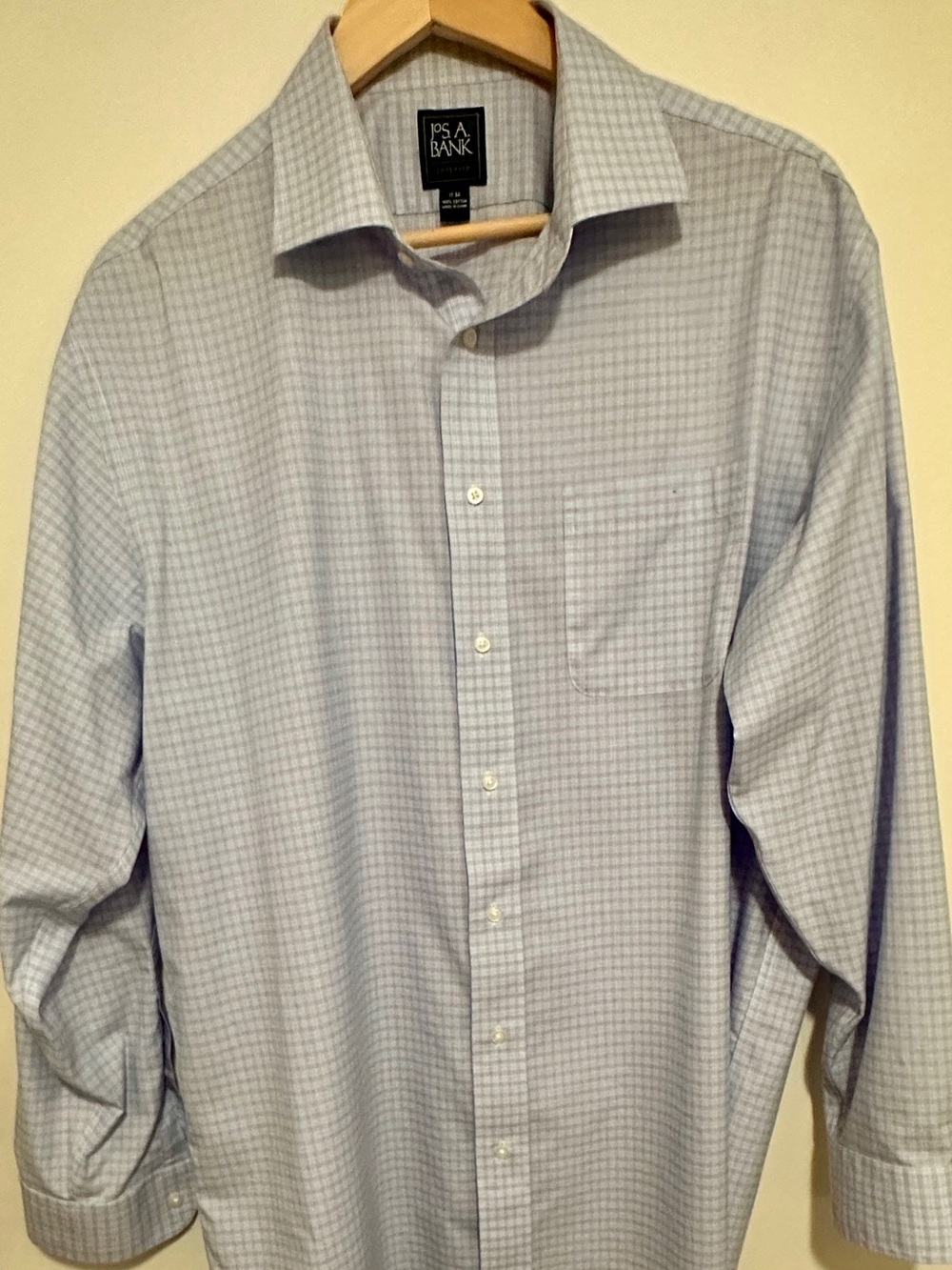 Jos. A. Bank Traveler Dress Shirt 17 34 Light Blue Purple Micro Check Plaid
